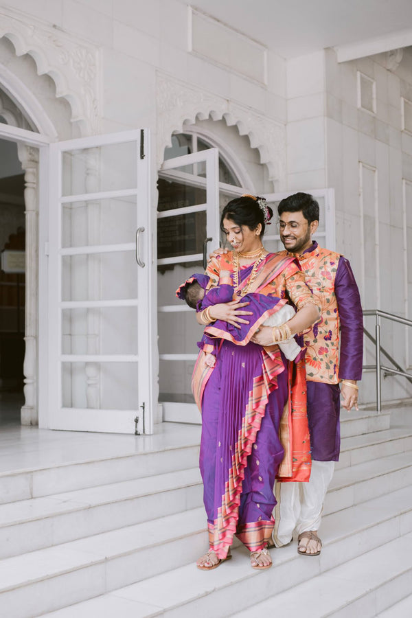 Premium paithani saree and Baby boy set- premium purple Angarkha kurta pant kamarpatta set