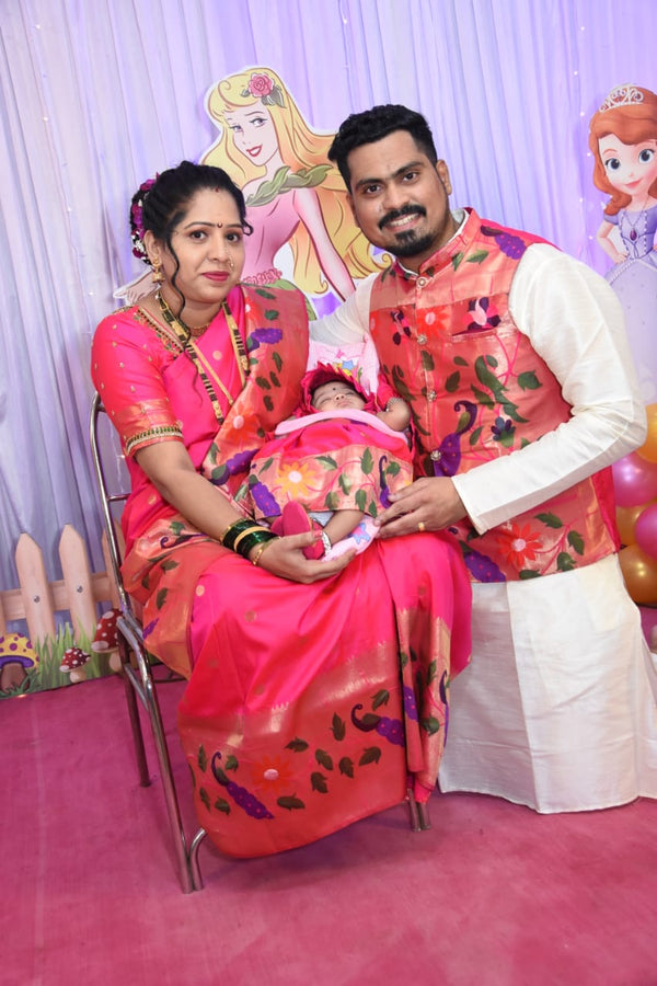 Premium paithani father daughter twinning outfits - color Pink