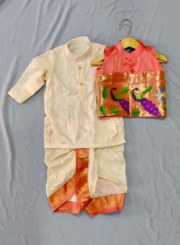 Boy's rich cotton silk cream dhoti kurta with golden border with premium paithani jacket