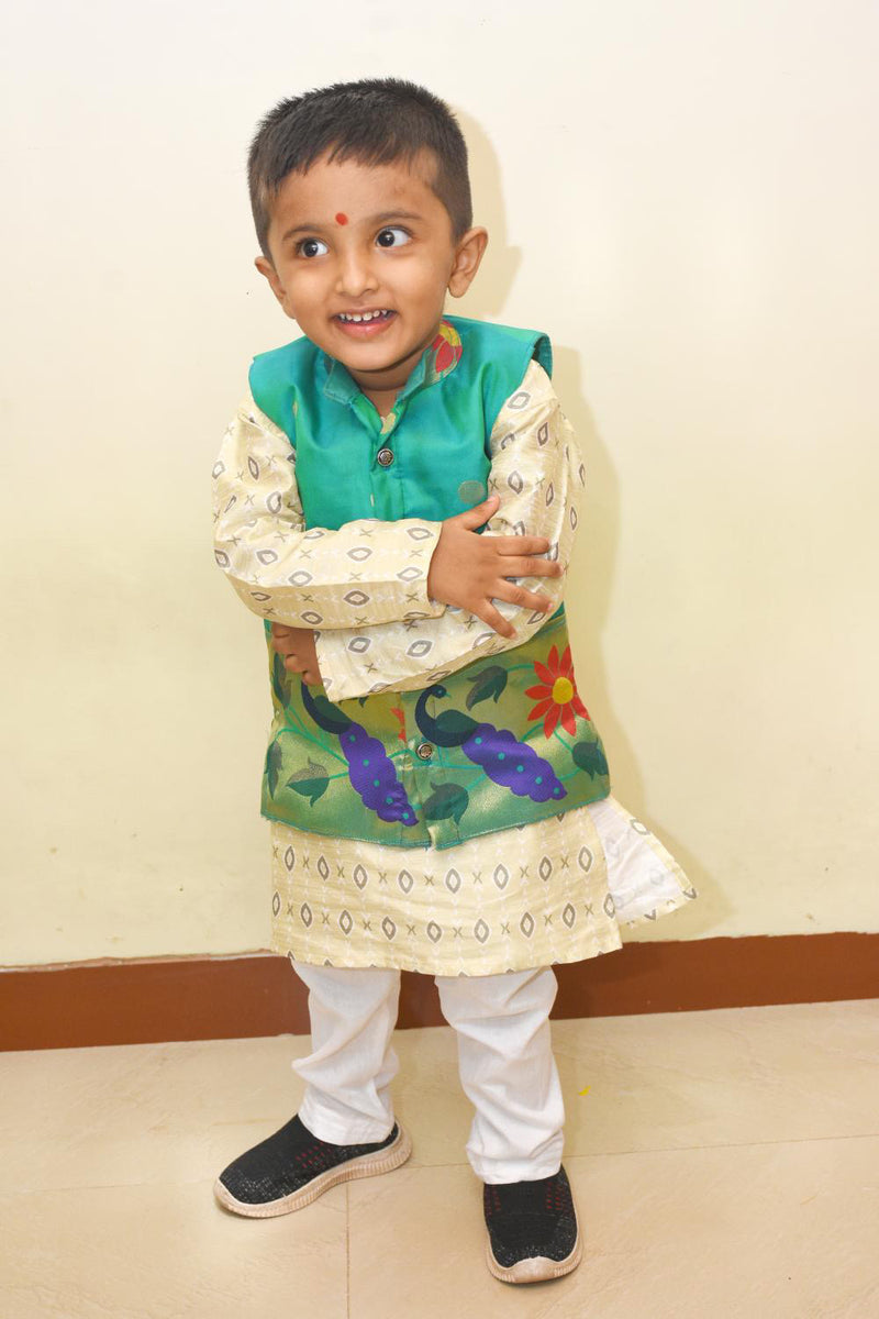 Boy's premium Paithani jacket- color sea green