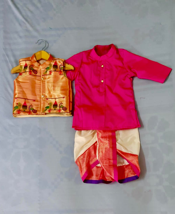 Boy's pink premium Paithani cream dhoti with pink border dhoti kurta with jacket