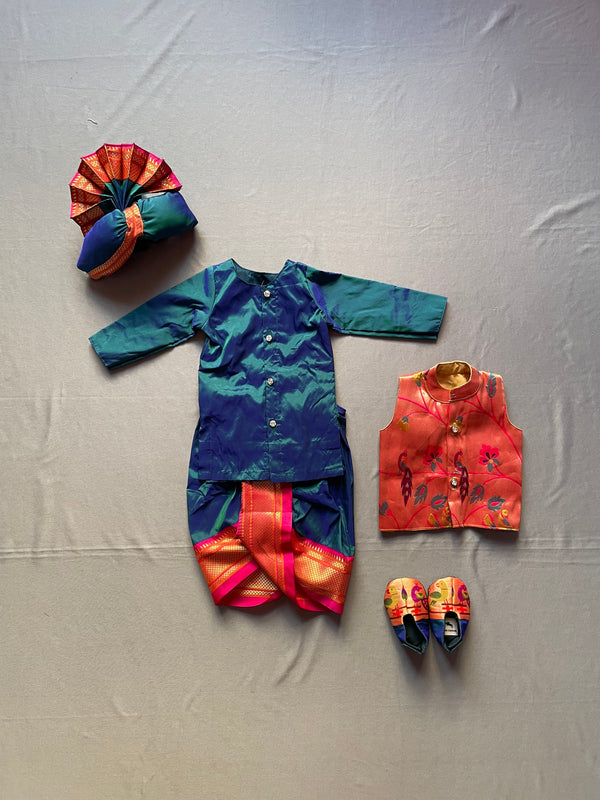 Baby boy set- premium turquoise paithani dhoti kurta and jacket set with pheta and booties