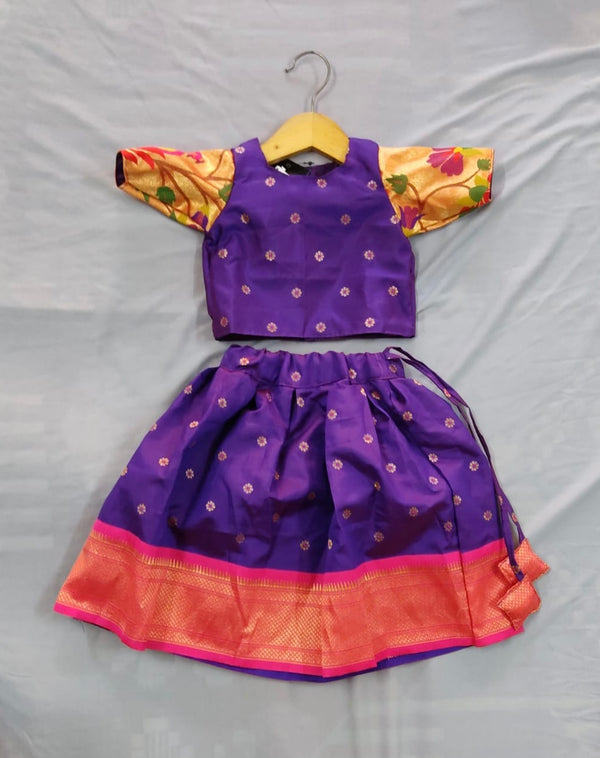 Girls premium purple paithani Skirt with pink Border and paithani sleeves blouse