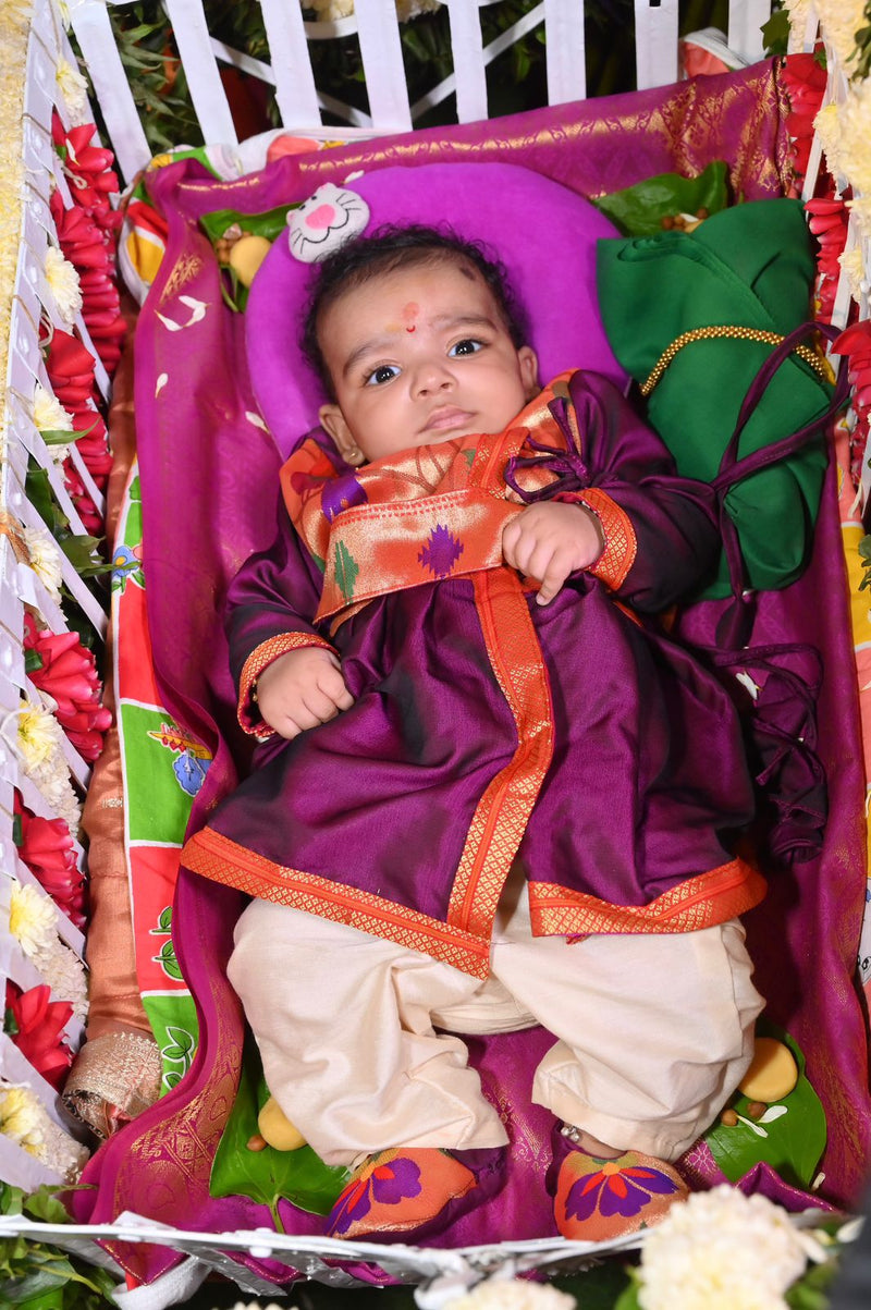 Baby boy set- premium wine angarkha paithani dhoti kurta pant with kamarpatta set with pheta and booties