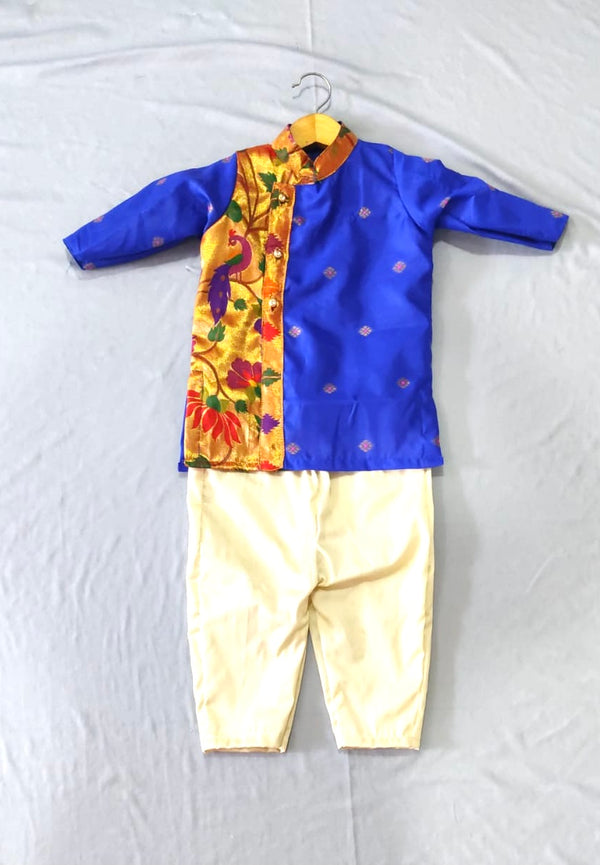 Boy's blue Paithani kurta pyjama