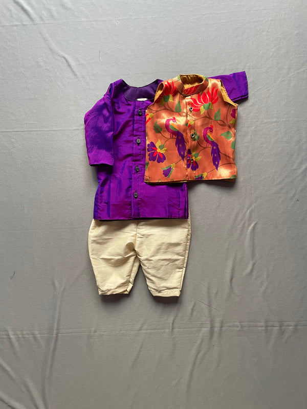 Boy's purple Paithani kurta pyjama with premium paithani jacket