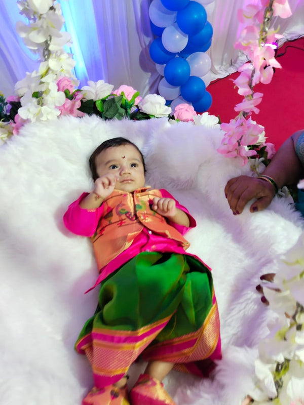 Baby boy set- premium pink paithani kurta with green dhoti and jacket set with pheta and booties
