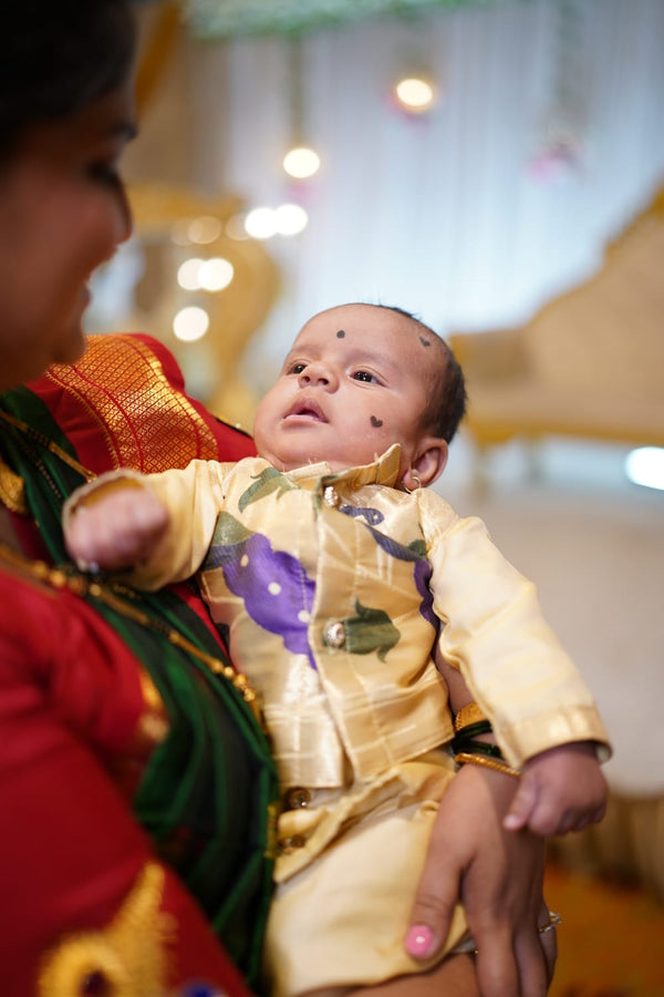Baby boy set- premium paithani kurta pant with jacket (cream) with golden booties