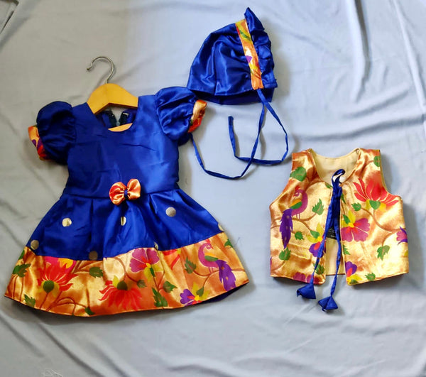 Baby set- premium blue paithani frock and jacket with Topra