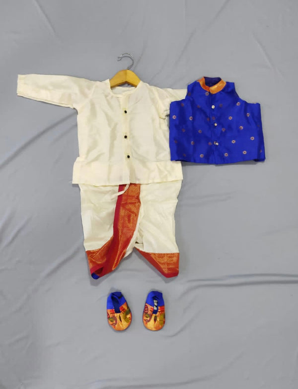 Baby boy set- Rich cotton silk dhoti kurta with blue premium paithani jacket set with booties