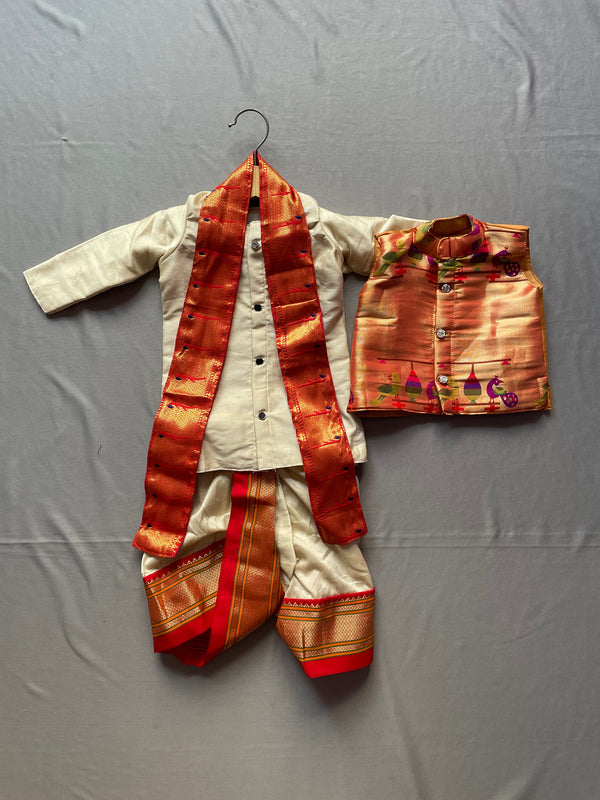 Baby boy set- premium cream paithani kurta with cream dhoti and jacket set with uparna