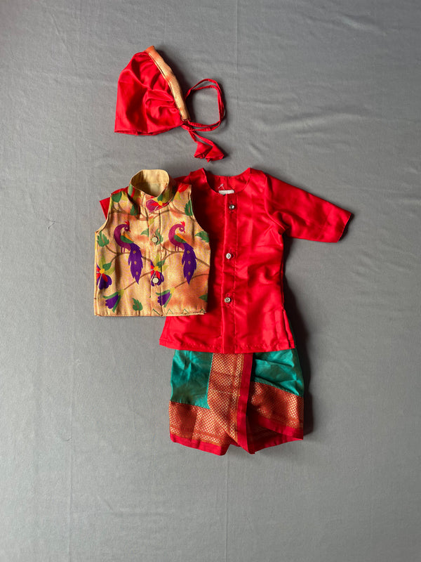 Baby boy set- Rich cotton silk dhoti kurta with premium paithani jacket set with topra- Red and sea green