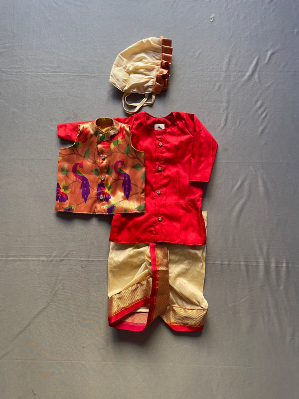Baby boy set- premium red paithani kurta with cream dhoti and jacket set with topra