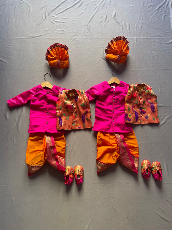 Premium paithani brothers twinning- pink and orange dhoti kurta jacket baby set