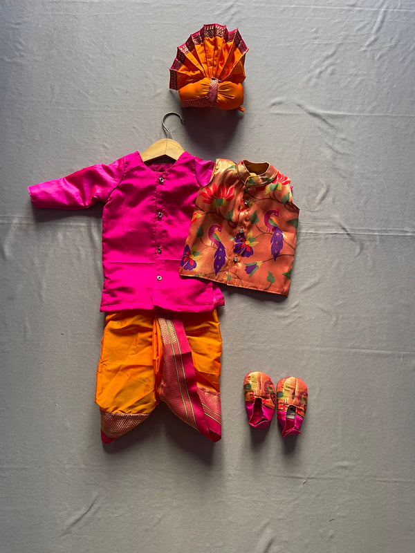 Baby boy set- premium pink paithani kurta with orange dhoti and jacket set with pheta and booties