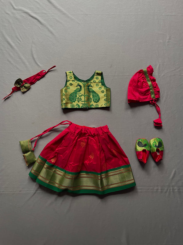 Baby set- premium red with green paithani parkar polka with hairband Topra wnd booties