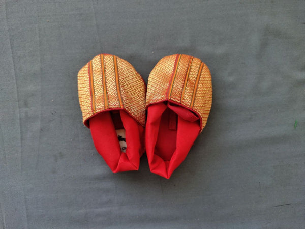 Baby Paithani Fabric Shoes color red with border - WEAR COURAGE