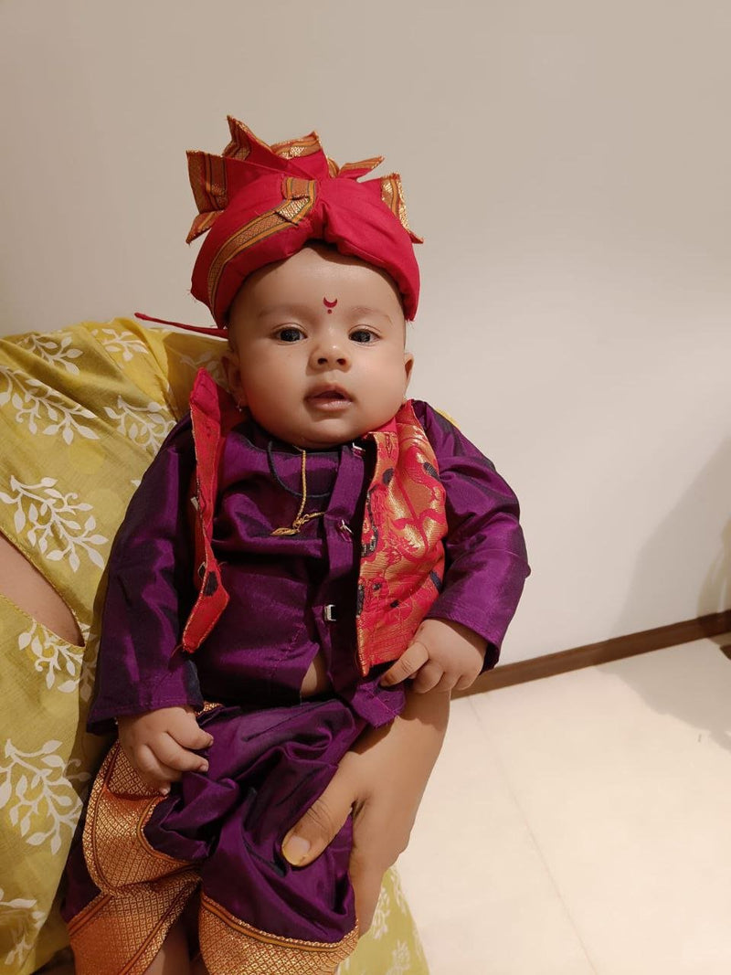 Boy's Purple Paithani with red border dhoti kurta with jacket - WEAR COURAGE