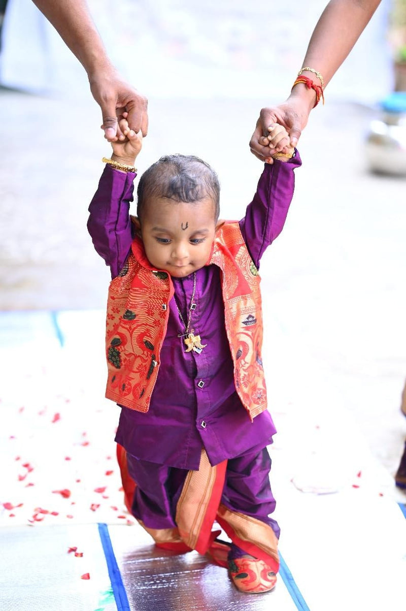 Boy's Purple Paithani with red border dhoti kurta with jacket - WEAR COURAGE