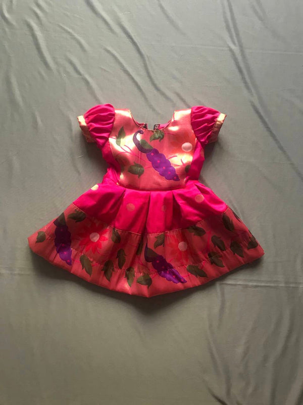 Girls premium pink paithani frock with peacock Border and puff sleeves - WEAR COURAGE