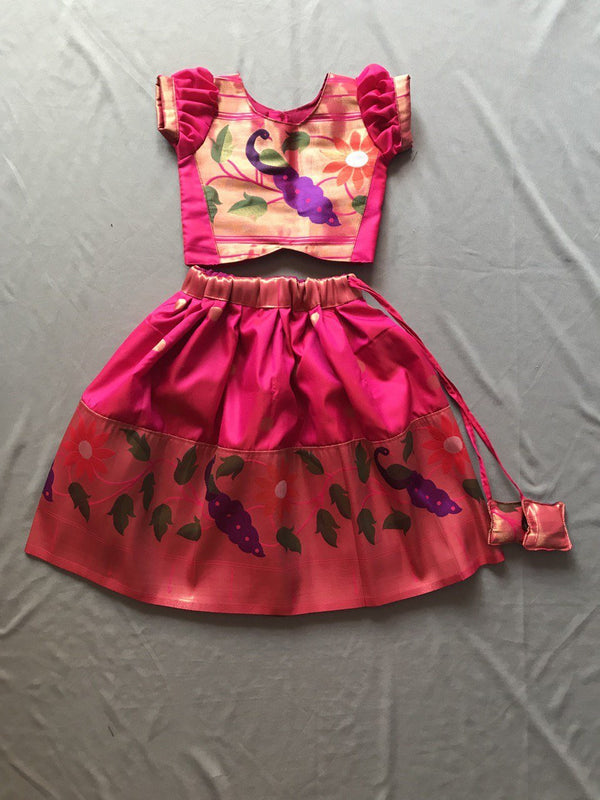 Girls premium pink paithani Skirt with peacock Border and puff sleeves blouse - WEAR COURAGE
