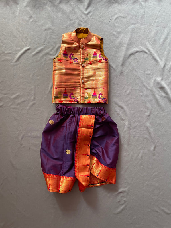 Boy's purple Paithani with golden red border dhoti and jacket