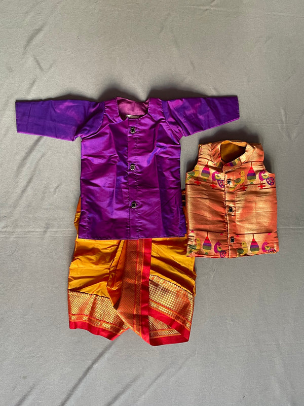 Boy's purple premium Paithani with red border dhoti kurta with jacket