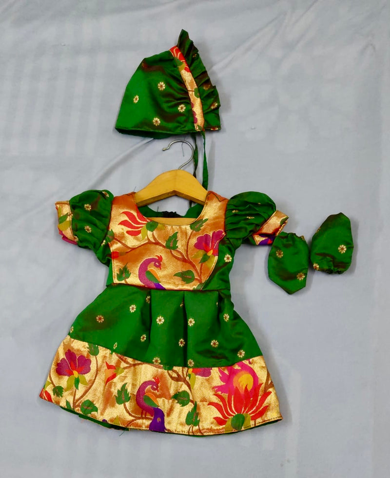 Baby set- premium Green paithani frock with Topra and mittens
