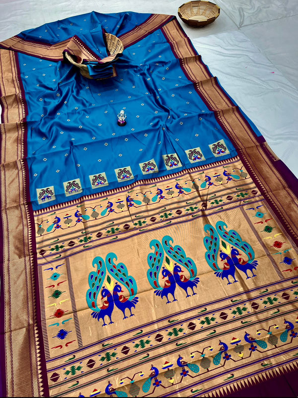 Premium Peacock pallu paithani saree -blue with maroon border