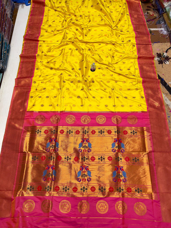 Premium Pure katan silk maharani paithani saree -color lemon yellow with golden border