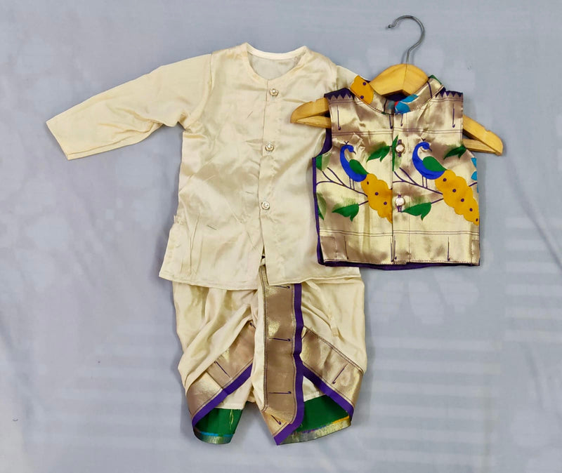 Boy's rich cotton silk cream dhoti kurta with blue border with premium paithani jacket