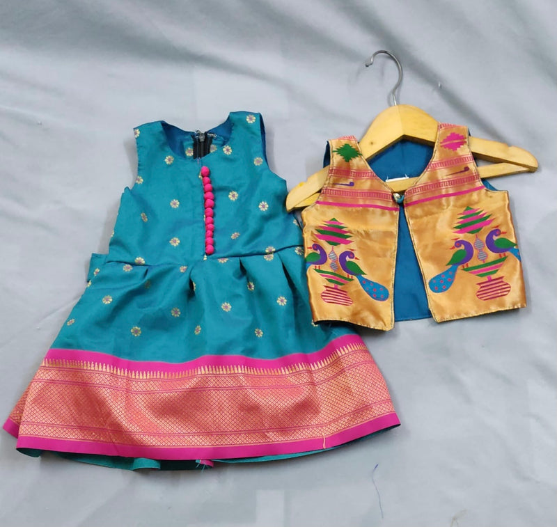 Girls premium turquoise blue paithani frock with golden Jacket with pink border