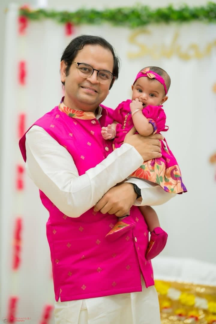 Premium paithani father daughter twinning outfits - color Rani Pink