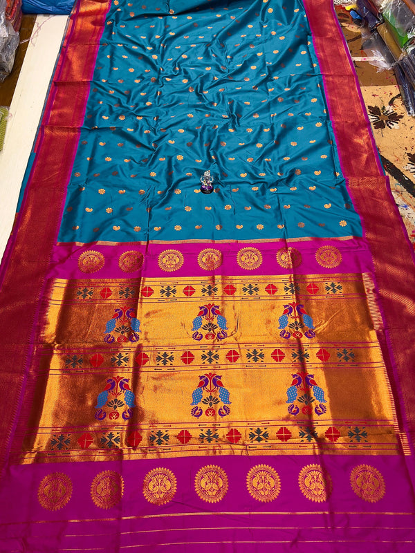 Premium Pure katan silk maharani paithani saree -color blue with golden border