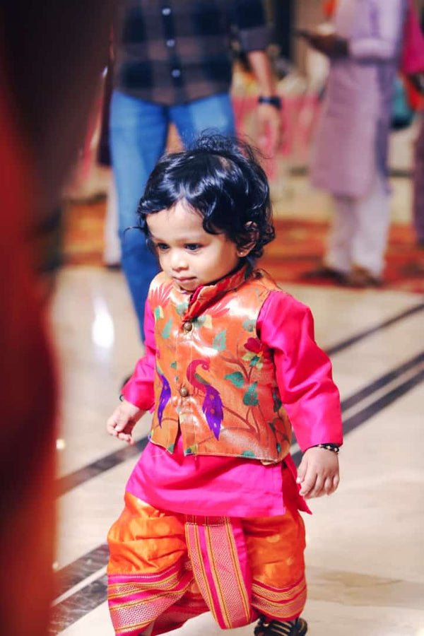 Premium paithani brothers twinning- pink and orange dhoti kurta jacket baby set