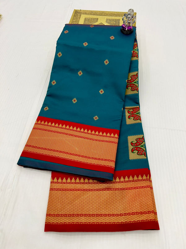 Premium Peacock pallu paithani saree - color turquoise blue with red border