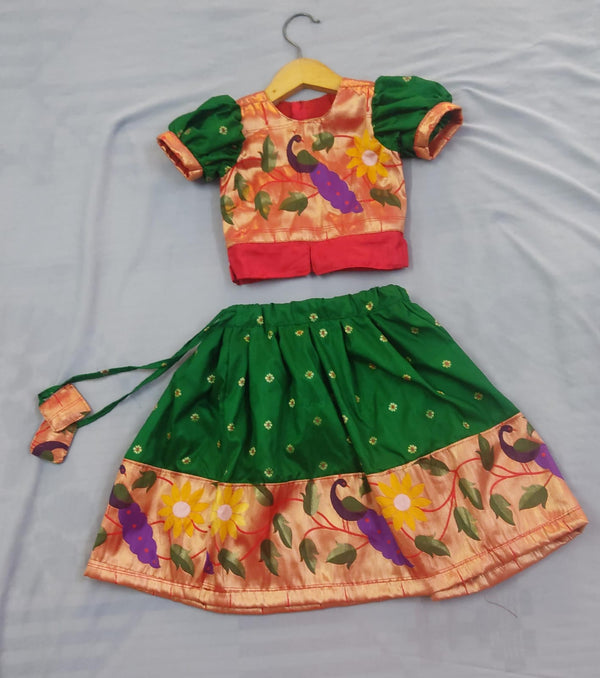 Girls premium green paithani Skirt with Golden Blouse