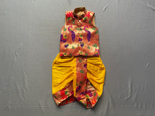 Boy's yellow premium paithani with flower border dhoti and premium paithani jacket