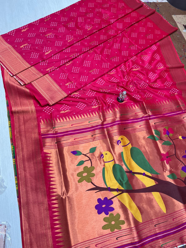 Premium bandhani soft silk paithani saree -color rani pink with golden border