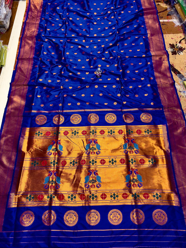 Premium Pure katan silk maharani paithani saree -color dark blue with golden border