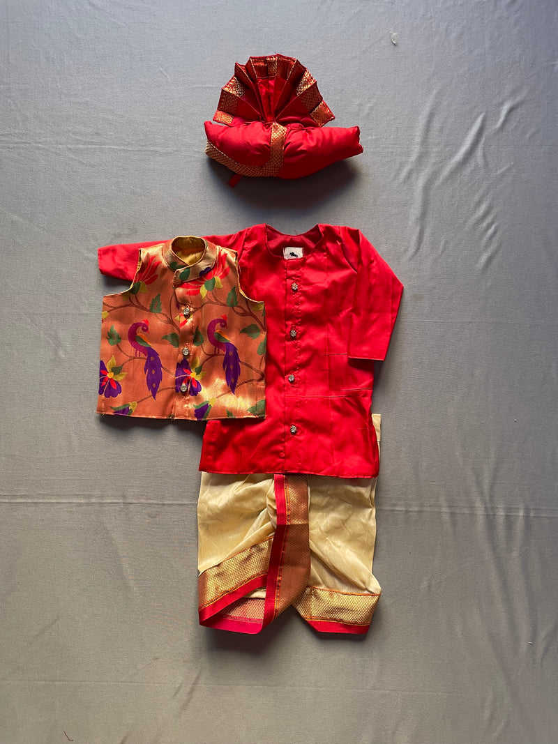 Baby boy set- premium red paithani kurta with cream dhoti and jacket set with pheta