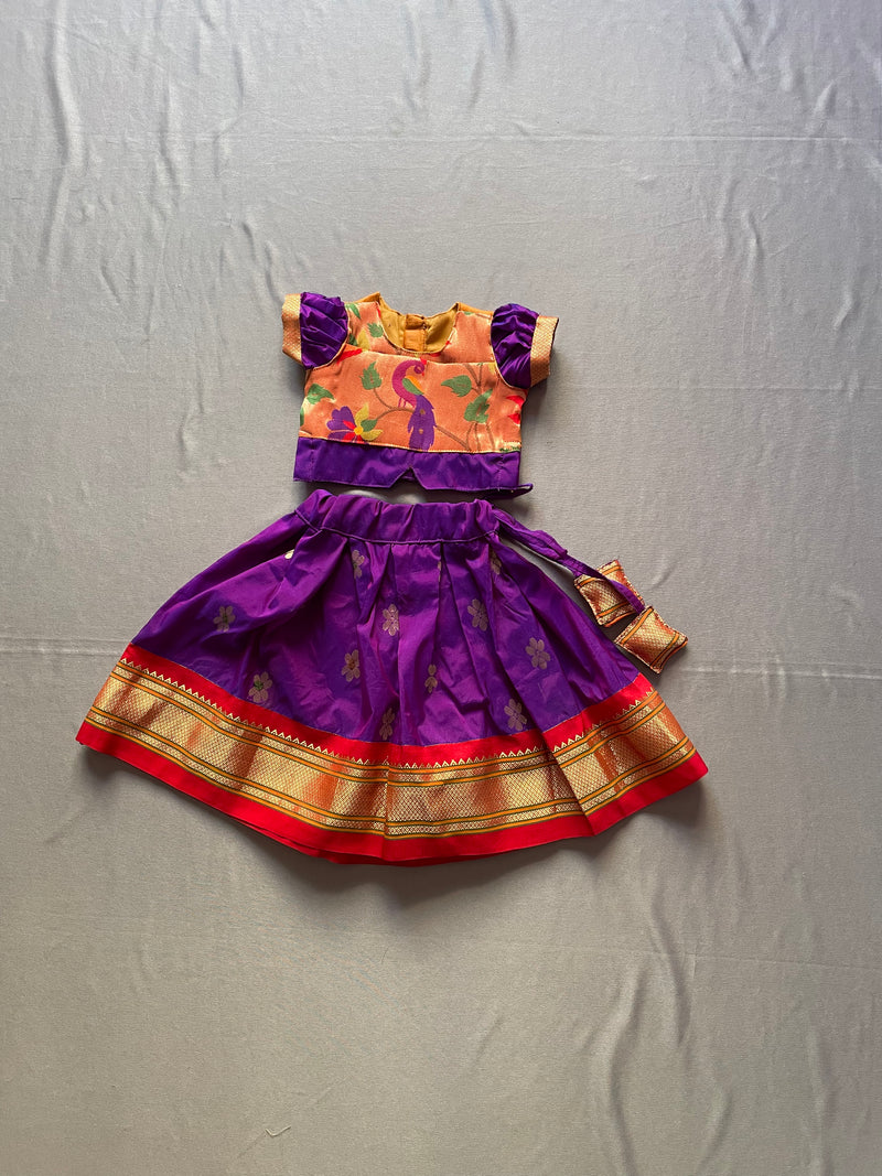 Girls premium purple paithani Skirt with Golden Blouse
