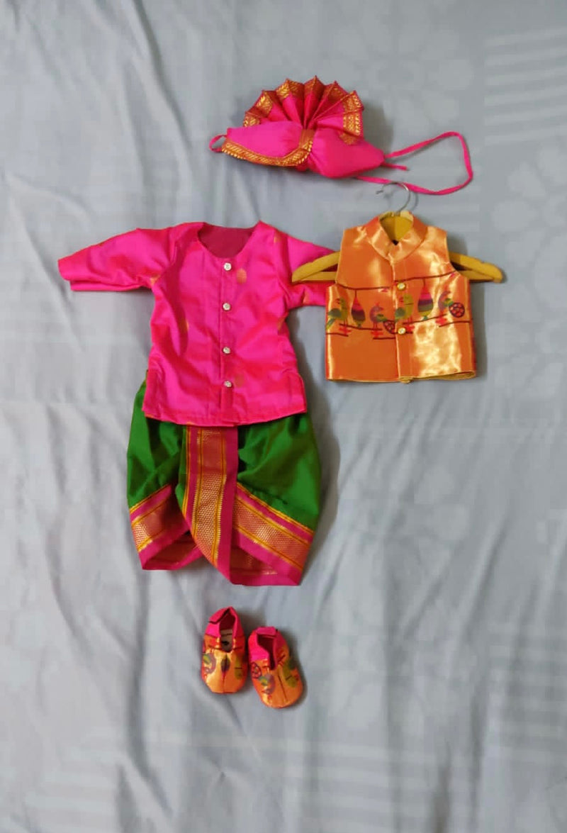Baby boy set- premium pink paithani kurta with green dhoti and jacket set with pheta and booties