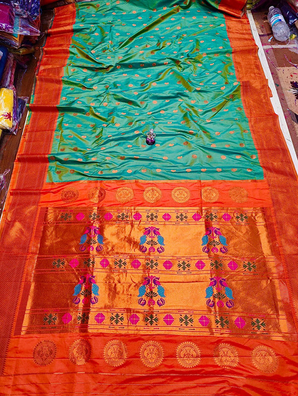Premium Pure katan silk maharani paithani saree -color pastel grren with golden border
