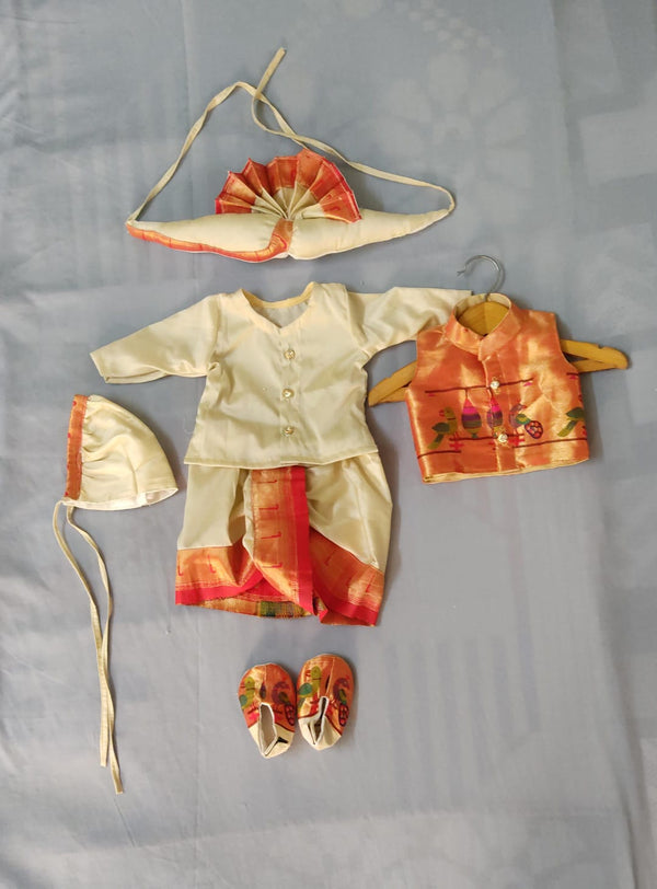 Baby boy set- rich cotton silk dhoti kurta with premium paithani jacket set with topra pheta and booties