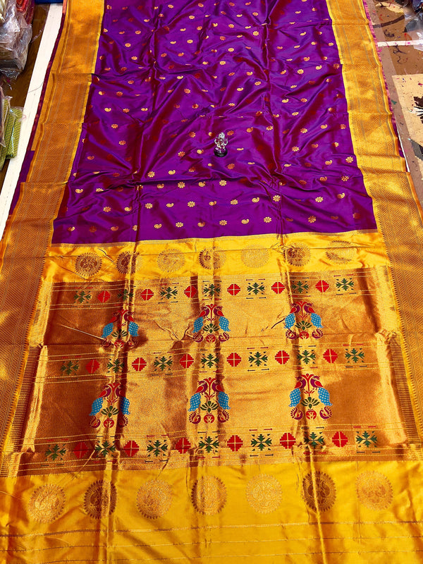 Premium Pure katan silk maharani paithani saree -color purple with golden border