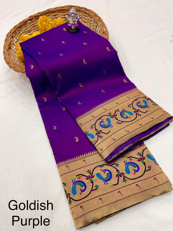 Premium banarsi katan silk paithani saree -color goldish purple with golden peacock bor