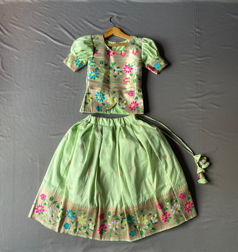 Girls premium mint green paithani parkar with cane cane, Blouse with double puff sleeves and peplum