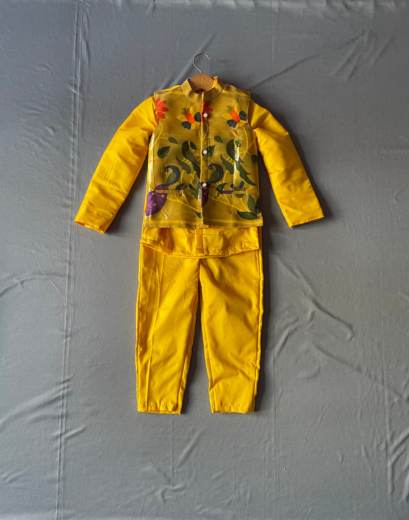 Boy's yellow premium Paithani shirt pant jacket