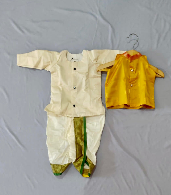 Boy's rich cotton silk dhoti kurta with premium paithani jacket - color yellow